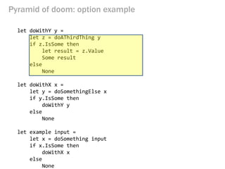 Pyramid of doom: option example 
let doWithY y = 
let z = doAThirdThing y 
if z.IsSome then 
let result = z.Value 
Some result 
else 
None 
let doWithX x = 
let y = doSomethingElse x 
if y.IsSome then 
doWithY y 
else 
None 
let example input = 
let x = doSomething input 
if x.IsSome then 
doWithX x 
else 
None  