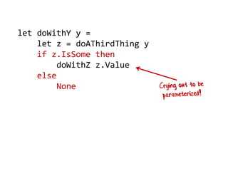 let doWithY y = 
let z = doAThirdThing y 
if z.IsSome then 
doWithZ z.Value 
else 
None  