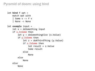 Pyramid of doom: using bind 
let bind f opt = 
match opt with 
| Some v -> f v 
| None -> None 
let example input = 
let x = doSomething input 
if x.IsSome then 
let y = doSomethingElse (x.Value) 
if y.IsSome then 
let z = doAThirdThing (y.Value) 
if z.IsSome then 
let result = z.Value 
Some result 
else 
None 
else 
None 
else 
None  