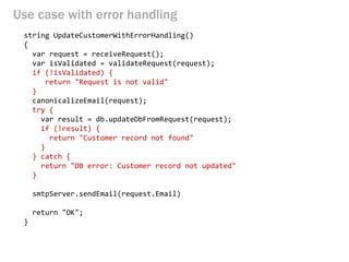Use case with error handling 
string UpdateCustomerWithErrorHandling() 
{ 
var request = receiveRequest(); 
var isValidated = validateRequest(request); 
if (!isValidated) { 
return "Request is not valid" 
} 
canonicalizeEmail(request); 
try { 
var result = db.updateDbFromRequest(request); 
if (!result) { 
return "Customer record not found" 
} 
} catch { 
return "DB error: Customer record not updated" 
} 
smtpServer.sendEmail(request.Email) 
return "OK"; 
}  