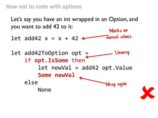 How not to code with options 
Let’s say you have an int wrapped in an Option, and you want to add 42 to it: 
let add42 x = x + 42 
let add42ToOption opt = 
if opt.IsSome then 
let newVal = add42 opt.Value 
Some newVal 
else 
None 
  