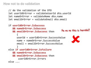 How not to do validation 
// do the validation of the DTO 
let userIdOrError = validateUserId dto.userId 
let nameOrError = validateName dto.name 
let emailOrError = validateEmail dto.email 
if userIdOrError.IsSuccess 
&& nameOrError.IsSuccess 
&& emailOrError.IsSuccess then 
{ 
userId = userIdOrError.SuccessValue 
name = nameOrError.SuccessValue 
email = emailOrError.SuccessValue 
} 
else if userIdOrError.IsFailure 
&& nameOrError.IsSuccess 
&& emailOrError.IsSuccess then 
userIdOrError.Errors 
else ... 
  