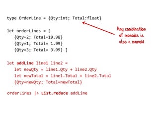 type OrderLine = {Qty:int; Total:float} 
let orderLines = [ 
{Qty=2; Total=19.98} 
{Qty=1; Total= 1.99} 
{Qty=3; Total= 3.99} ] 
let addLine line1 line2 = 
let newQty = line1.Qty + line2.Qty 
let newTotal = line1.Total + line2.Total 
{Qty=newQty; Total=newTotal} 
orderLines |> List.reduce addLine 
Any combination of monoids is also a monoid  