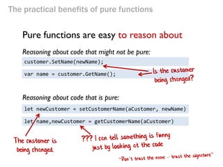 The practical benefits of pure functions 
customer.SetName(newName); 
let newCustomer = setCustomerName(aCustomer, newName) 
Pure functions are easy to reason about 
var name = customer.GetName(); 
let name,newCustomer = getCustomerName(aCustomer) 
Reasoning about code that might not be pure: 
Reasoning about code that is pure: 
The customer is being changed.  