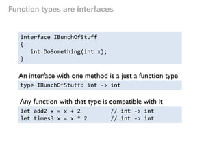 Decorator pattern in FP 
Functional equivalent of decorator pattern 
let add1 x = x + 1 // int -> int 
let logged f x = 
p...
