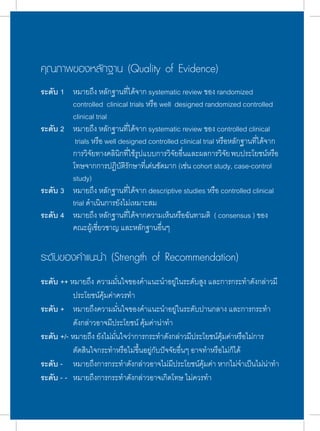 ¤Ø³ÀÒ¾¢Í§ËÅÑ¡°Ò¹ (Quality of Evidence) 
ระดับ 1 หมายถึง หลักฐานที่ได้จาก systematic review ของ randomized 
controlled clinical trials หรือ well designed randomized controlled 
clinical trial 
ระดับ 2 หมายถึง หลักฐานที่ได้จาก systematic review ของ controlled clinical 
trials หรือ well designed controlled clinical trial หรือหลักฐานที่ได้จาก 
การวิจัยทางคลินิกที่ใช้รูปแบบการวิจัยอื่นและผลการวิจัย พบประโยชน์หรือ 
โทษจากการปฏิบัติรักษาที่เด่นชัดมาก (เช่น cohort study, case-control 
study) 
ระดับ 3 หมายถึง หลักฐานที่ได้จาก descriptive studies หรือ controlled clinical 
trial ดำาเนินการยังไม่เหมาะสม 
ระดับ 4 หมายถึง หลักฐานที่ได้จากความเห็นหรือฉันทามติ ( consensus ) ของ 
คณะผู้เชี่ยวชาญ และหลักฐานอื่นๆ 
ÃÐ´Ñº¢Í§¤íÒá¹Ð¹íÒ (Strength of Recommendation) 
ระดับ ++ หมายถึง ความมั่นใจของคำาแนะนำาอยู่ในระดับสูง และการกระทำาดังกล่าวมี 
ประโยชน์คุ้มค่าควรทำา 
ระดับ + หมายถึงความมั่นใจของคำาแนะนำาอยู่ในระดับปานกลาง และการกระทำา 
ดังกล่าวอาจมีประโยชน์ คุ้มค่าน่าทำา 
ระดับ +/- หมายถึง ยังไม่มั่นใจว่าการกระทำาดังกล่าวมีประโยชน์คุ้มค่าหรือไม่การ 
ตัดสินใจกระทำาหรือไม่ขึ้นอยู่กับปัจจัยอื่นๆ อาจทำาหรือไม่ก็ได้ 
ระดับ - หมายถึงการกระทำาดังกล่าวอาจไม่มีประโยชน์คุ้มค่า หากไม่จำาเป็นไม่น่าทำา 
ระดับ - - หมายถึงการกระทำาดังกล่าวอาจเกิดโทษ ไม่ควรทำา 
 