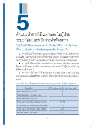 5คำาแนะนำาการใช้ warfarin ในผู้ป่วย 
ระยะก่อนและหลังการทำาหัตถการ 
ในผู้ป่วยที่ได้รับ warfarin และจำาเป็นต้องได้รับการทำาหัตถการ 
ที่มีความเสี่ยงในการเกิดเลือดออกจะต้องพิจารณาถึง 
ความจำาเป็นในการหยุด warfarin ก่อนการทำาหัตถการ โดยพิจารณา 
ความเสี่ยงในการเกิดเลือดออกถ้ามีการให้ยาในช่วงระยะเวลาของการทำา 
หัตถการเนื่องจากหัตถการแต่ละชนิดมีความเสี่ยงในการเกิดเลือดออกต่างกัน 
ความเสี่ยงในการเกิด thromboembolic event เมื่อหยุด warfarin 
โดยความเสี่ยงของการเกิด thromboembolic event ในผู้ป่วยกลุ่มต่างๆ 
มีดังตารางที่ 4 และ 5 
ความจำาเป็นในการให้ bridging therapy ด้วย short acting 
anticoagulant ในขณะที่หยุด warfarin เพื่อลดโอกาสเกิด thromboembolic 
event 
ตารางที่ 4 ความเสี่ยงของการเกิด thromboembolic event ในผู้ป่วยกลุ่มต่างๆ 
% Thromboembolic risks (per year) 
29 
15 
12 
10-12 
23 
22 
91 
Condition 
Atrial fibrillation (low risk) 
Atrial fibrillation (average risk) 
Atrial fibrillation (high risk) 
Aortic valve prosthesis (dual-leaflet) 
Aortic valve prosthesis (single-leaflet) 
Mitral valve prosthesis (dual-leaflet) 
Multiple valve prosthesis 
 