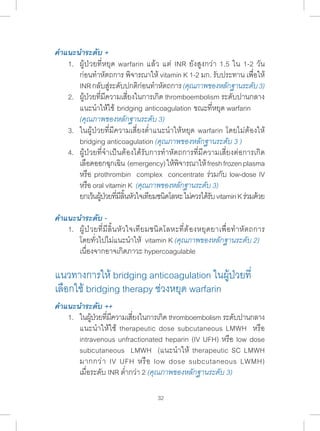 32 
คÎำแนะนÎำระดับ + 
1. ผู้ป่วยที่หยุด warfarin แล้ว แต่ INR ยังสูงกว่า 1.5 ใน 1-2 วัน 
ก่อนท�ำ หัตถการ พิจารณาให้ vitamin K 1-2 มก. รับประทาน เพื่อให้ 
INR กลบัส่รูะดบัปกตกิ่อนทำ� หตัถการ (คณุภาพของหลกัฐานระดบั 3) 
2. ผู้ป่วยที่มีความเสี่ยงในการเกิด thromboembolism ระดับปานกลาง 
แนะน�ำ ให้ใช้ bridging anticoagulation ขณะที่หยุด warfarin 
(คุณภาพของหลักฐานระดับ 3) 
3. ในผู้ป่วยที่มีความเสี่ยงต�่ำแนะน�ำ ให้หยุด warfarin โดยไม่ต้องให้ 
bridging anticoagulation (คุณภาพของหลักฐานระดับ 3 ) 
4. ผู้ป่วยที่จ�ำ เป็นต้องได้รับการท�ำ หัตถการที่มีความเสี่ยงต่อการเกิด 
เลือดออกฉุกเฉิน (emergency) ให้พิจารณาให้ fresh frozen plasma 
หรือ prothrombin complex concentrate ร่วมกับ low-dose IV 
หรือ oral vitamin K (คุณภาพของหลักฐานระดับ 3) 
ยกเว้นผ้ปู่วยทมี่ลีนิ้หวัใจเทยีมชนดิโลหะ ไม่ควรได้รบั vitamin K ร่วมด้วย 
คÎำแนะนÎำระดับ - 
1. ผู้ป่วยที่มีลิ้นหัวใจเทียมชนิดโลหะที่ต้องหยุดยาเพื่อท�ำ หัตถการ 
โดยทั่วไปไม่แนะน�ำ ให้ vitamin K (คุณภาพของหลักฐานระดับ 2) 
เนื่องจากอาจเกิดภาวะ hypercoagulable 
แนวทางการให้ bridging anticoagulation ในผู้ป่วยที่ 
เลือกใช้ bridging therapy ช่วงหยุด warfarin 
คÎำแนะนÎำระดับ ++ 
1. ในผ้ปู่วยทมี่คีวามเสยี่งในการเกดิ thromboembolism ระดบัปานกลาง 
แนะน�ำ ให้ใช้ therapeutic dose subcutaneous LMWH หรือ 
intravenous unfractionated heparin (IV UFH) หรือ low dose 
subcutaneous LMWH (แนะน�ำ ให้ therapeutic SC LMWH 
มากกว่า IV UFH หรือ low dose subcutaneous LWMH) 
เมื่อระดับ INR ต�่ำกว่า 2 (คุณภาพของหลักฐานระดับ 3) 
 