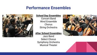 Performance Ensembles
School Day Ensembles
Concert Band
Wind Ensemble
Chorus
String Orchestra
After School Ensembles
Jazz Band
Select Chorus
Symphony Orchestra
Musical Theater
 