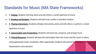 Standards for Music (MA State Frameworks)
● 1. Singing. Students will sing, alone and with others, a varied repertoire of music.
● 2. Reading and Notation. Students will read music written in standard notation.
● 3. Playing Instruments. Students will play instruments, alone and with others, to perform a varied
repertoire of music.
● 4. Improvisation and Composition. Students will improvise, compose, and arrange music.
● 5. Critical Response. Students will describe and analyze their own music and the music of others
using appropriate music vocabulary. When appropriate, students will connect their analysis to
interpretation and evaluation.
 