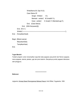 Write(Nama:20, Gaji:10:2);
Case Status Of
Single : Writeln(‘ S’);
Menikah : writeln(“ M’,AnakM:11);
Cerai : writeln(‘ C’,AnakC:11,MenikahLagi:7);
End; {Case Status}
End; {With Karyawan[I]}
End; {For I }
Writeln(‘--------------------------------------------------------------------------------------‘);
End; {TampilkanHasil}
Begin {Modul utama}
MasukkanData;
TampilkanHasil;
End.
Tugas Mandiri:
Tulislah program untuk menampilkan sejumlah data pegawai yang terdiri dari Nomor pegawai,
nama pegawai, alamat, jabatan, gaji dan jenis kelamin. Banyaknya jumlah pegawai ditentukan
oleh pengguna.
==============
Referensi:
Jogiyanto, Konsep Dasar Pemrograman Bahasa Pascal, Andi Offset, Yogyakarta, 1993
  
 
