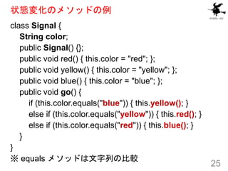 状態変化のメソッドの例
class Signal {
String color;
public Signal() {};
public void red() { this.color = "red"; };
public void yellow...