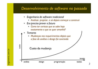 Desenvolvimento de software no passado
Engenharia de software tradicional
Analisar, projetar, e só depois começar a construir

Era preciso prever o futuro
Como ter certeza que se sabe hoje
exatamente o que se quer amanhã?

Temores

custo

argonavis.com.br

Mudanças nos requerimentos depois que
a fase de análise e design foi concluída

Custo da mudança
tempo
análise

design

programação

testes

3

 