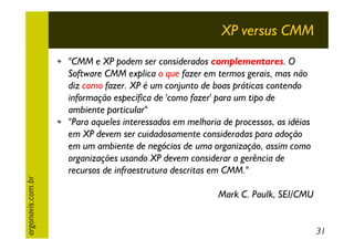 XP versus CMM

argonavis.com.br

"CMM e XP podem ser considerados complementares. O
Software CMM explica o que fazer em termos gerais, mas não
diz como fazer. XP é um conjunto de boas práticas contendo
informação específica de 'como fazer' para um tipo de
ambiente particular"
"Para aqueles interessados em melhoria de processos, as idéias
em XP devem ser cuidadosamente consideradas para adoção
em um ambiente de negócios de uma organização, assim como
organizações usando XP devem considerar a gerência de
recursos de infraestrutura descritas em CMM."
Mark C. Paulk, SEI/CMU

31

 