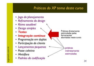 argonavis.com.br

Práticas do XP tema deste curso
Jogo do planejamento
Refinamento do design
Ritmo saudável
Design simples
Testes
Integração contínua
Programação em duplas
Participação do cliente
Lançamentos pequenos
Posse coletiva
Metáfora
Padrões de codificação

Práticas diretamente
estimuladas pelas
ferramentas
abordadas neste curso

práticas
indiretamente
estimuladas
34

 