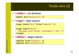Tarefas úteis (2)
<mkdir>: cria diretórios
<mkdir dir="diretorio" />

<copy>: copia arquivos
<copy todir="dir" file="arquivo" />
<copy todir="dir">
<fileset dir="fonte" includes="*.txt" />
</copy>

argonavis.com.br

<delete>: apaga arquivos
<delete file="arquivo" />
<delete dir="diretorio"/>

15

 