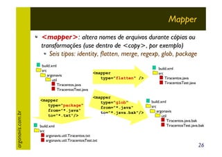 Mapper
<mapper>: altera nomes de arquivos durante cópias ou
transformações (use dentro de <copy>, por exemplo)
Seis tipos: identity, flatten, merge, regexp, glob, package

argonavis.com.br

build.xml
src
argonavis
util
Tiracentos.java
TiracentosTest.java

<mapper
type="package"
from="*.java"
to="*.txt"/>

<mapper
type="flatten" />

<mapper
type="glob"
from="*.java"
to="*.java.bak"/>

build.xml
src
argonavis.util.Tiracentos.txt
argonavis.util.TiracentosTest.txt

build.xml
src
Tiracentos.java
TiracentosTest.java

build.xml
src
argonavis
util
Tiracentos.java.bak
TiracentosTest.java.bak

26

 