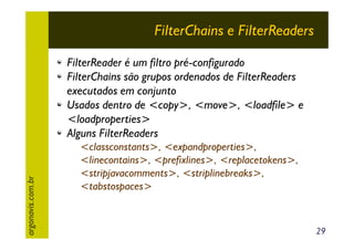 FilterChains e FilterReaders

argonavis.com.br

FilterReader é um filtro pré-configurado
FilterChains são grupos ordenados de FilterReaders
executados em conjunto
Usados dentro de <copy>, <move>, <loadfile> e
<loadproperties>
Alguns FilterReaders
<classconstants>, <expandproperties>,
<linecontains>, <prefixlines>, <replacetokens>,
<stripjavacomments>, <striplinebreaks>,
<tabstospaces>

29

 