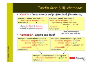Tarefas úteis (10): chamadas
<ant>: chama alvo de subprojeto (buildfile externo)
<target name="run-sub">
<ant dir="subproj" />
</target>
Chama alvo default de build.xml
localizado no subdiretório subproj/

<target name="run-sub">
<ant dir="subproj" >
<property name="versao"
value="1.0" />
</ant>
</target>

argonavis.com.br

<antcall>: chama alvo local
<target name="fazer-isto">
<antcall target="fazer">
<param name="oque"
value="isto" />
</antcall>
</target>

Define propriedade que
será lida no outro build.xml

<target name="fazer-aquilo">
<antcall target="fazer">
<param name="oque"
value="aquilo" />
</antcall>
</target>

<target name="fazer" if="oque">
<tarefa atributo="${oque}" />
</target>

Template!

52

 