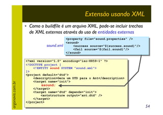 Extensão usando XML
Como o buildfile é um arquivo XML, pode-se incluir trechos
de XML externos através do uso de entidades externas

argonavis.com.br

sound.xml

<property file="sound.properties" />
<property file="sound.properties" />
<sound>
<sound>
<success source="${success.sound}"/>
<success source="${success.sound}"/>
<fail source="${fail.sound}"/>
<fail source="${fail.sound}"/>
</sound>
</sound>

<?xml version="1.0" encoding="iso-8859-1" ?>
<?xml version="1.0" encoding="iso-8859-1" ?>
<!DOCTYPE project [
<!DOCTYPE project [
<!ENTITY sound SYSTEM "sound.xml">
<!ENTITY sound SYSTEM "sound.xml">
]>
]>
<project default="dtd">
<project default="dtd">
<description>Gera um DTD para o Ant</description>
<description>Gera um DTD para o Ant</description>
<target name="init">
<target name="init">

&sound;
&sound;

</target>
</target>
<target name="dtd" depends="init">
<target name="dtd" depends="init">
<antstructure output="ant.dtd" />
<antstructure output="ant.dtd" />
</target>
</target>
</project>
</project>

54

 