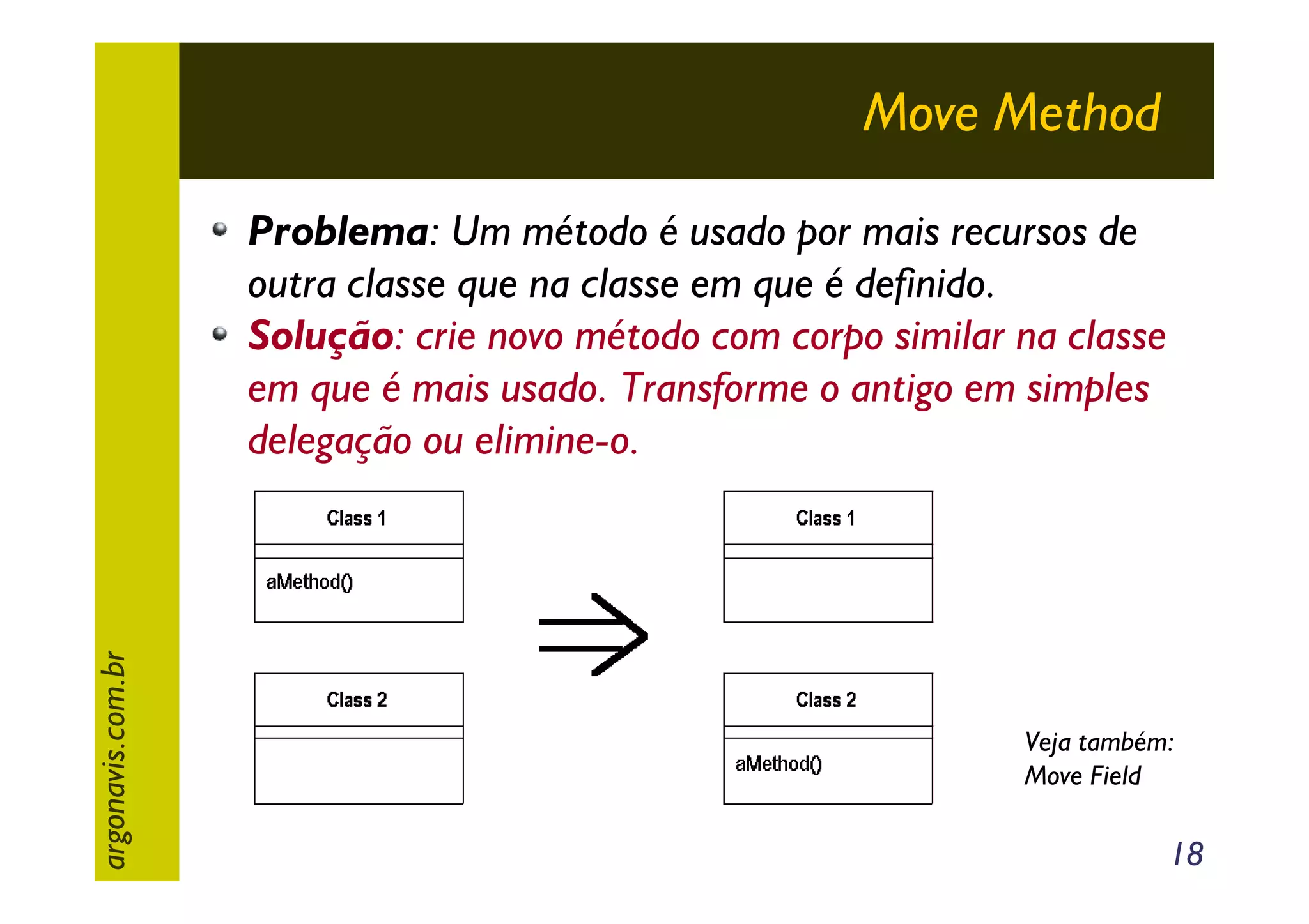 Move Method

argonavis.com.br

Problema: Um método é usado por mais recursos de
outra classe que na classe em que é definido.
Solução: crie novo método com corpo similar na classe
em que é mais usado. Transforme o antigo em simples
delegação ou elimine-o.

Veja também:
Move Field

18

 