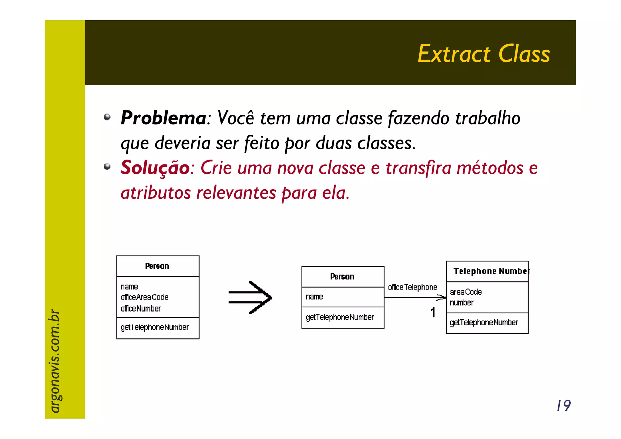 Extract Class

argonavis.com.br

Problema: Você tem uma classe fazendo trabalho
que deveria ser feito por duas classes.
Solução: Crie uma nova classe e transfira métodos e
atributos relevantes para ela.

19

 