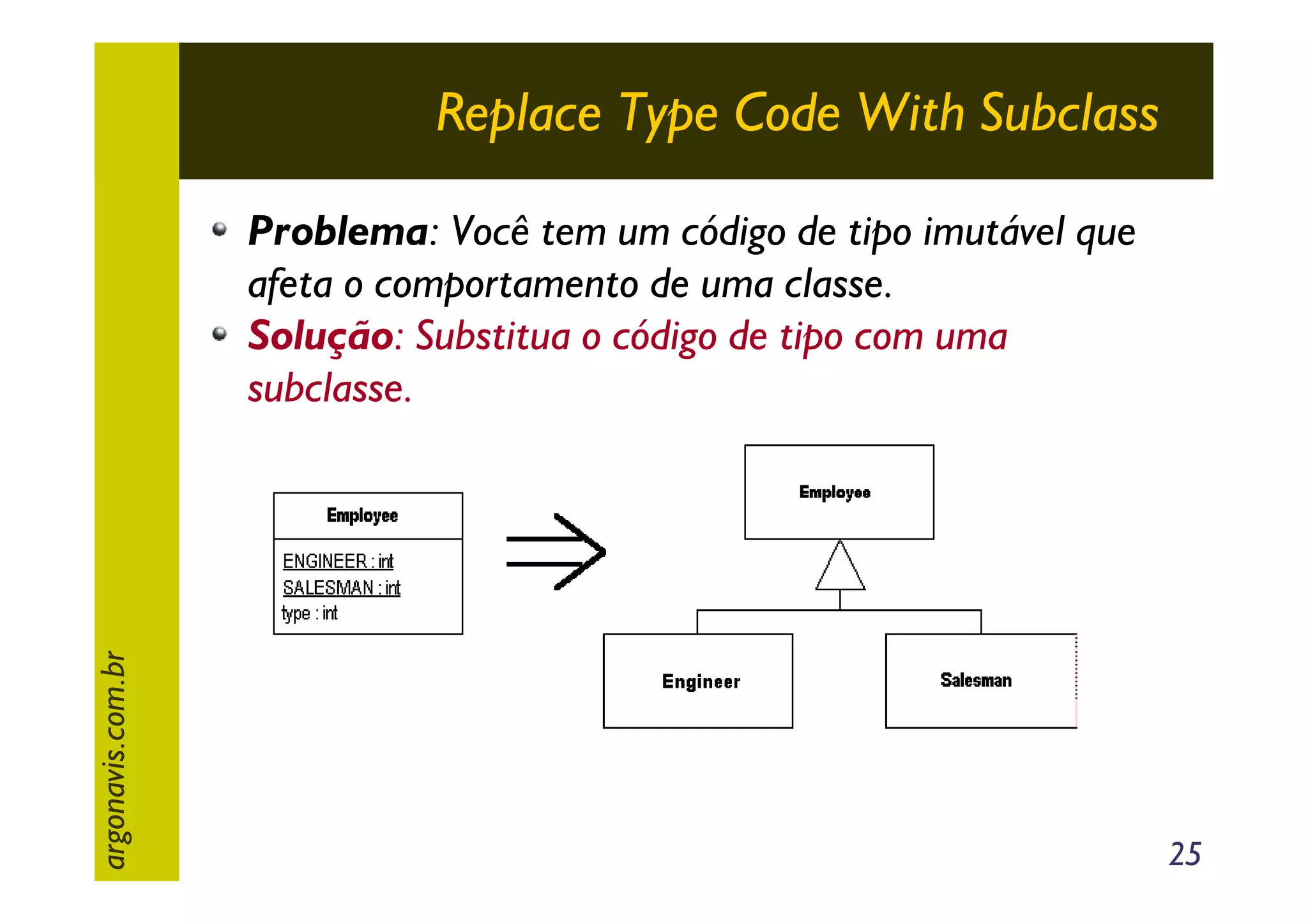 Replace Type Code With Subclass

argonavis.com.br

Problema: Você tem um código de tipo imutável que
afeta o comportamento de uma classe.
Solução: Substitua o código de tipo com uma
subclasse.

25

 