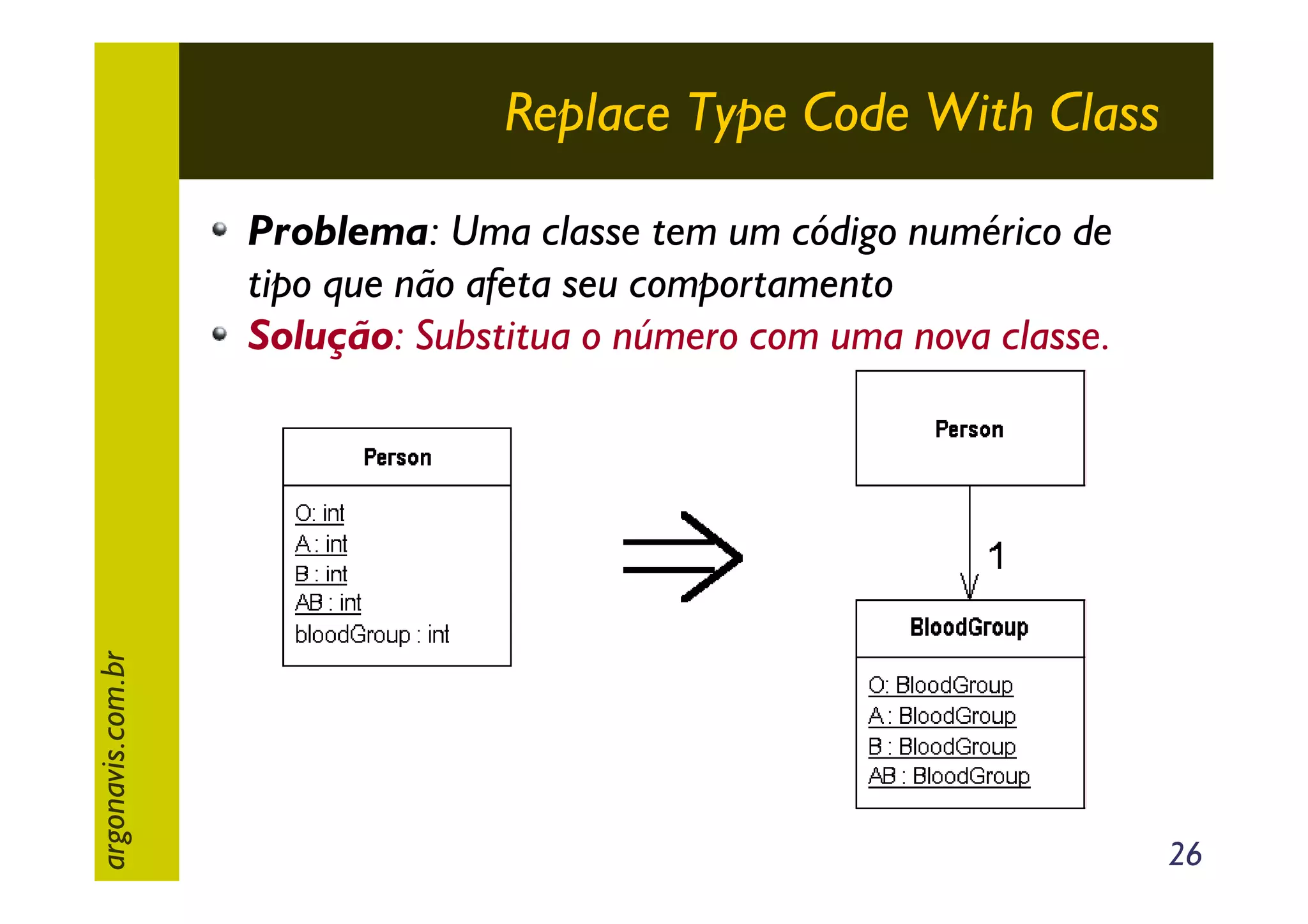 Replace Type Code With Class

argonavis.com.br

Problema: Uma classe tem um código numérico de
tipo que não afeta seu comportamento
Solução: Substitua o número com uma nova classe.

26

 