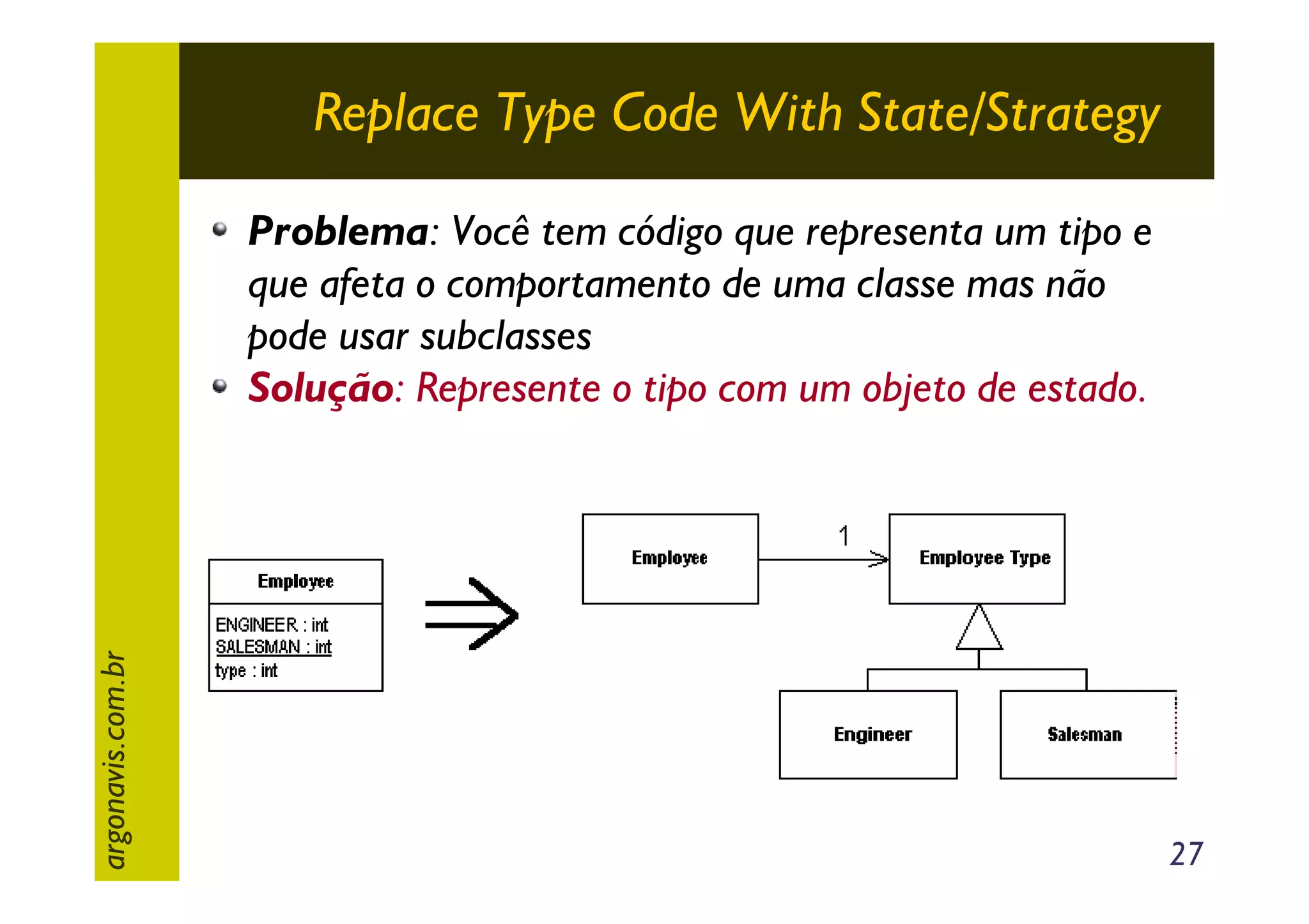 Replace Type Code With State/Strategy

argonavis.com.br

Problema: Você tem código que representa um tipo e
que afeta o comportamento de uma classe mas não
pode usar subclasses
Solução: Represente o tipo com um objeto de estado.

27

 