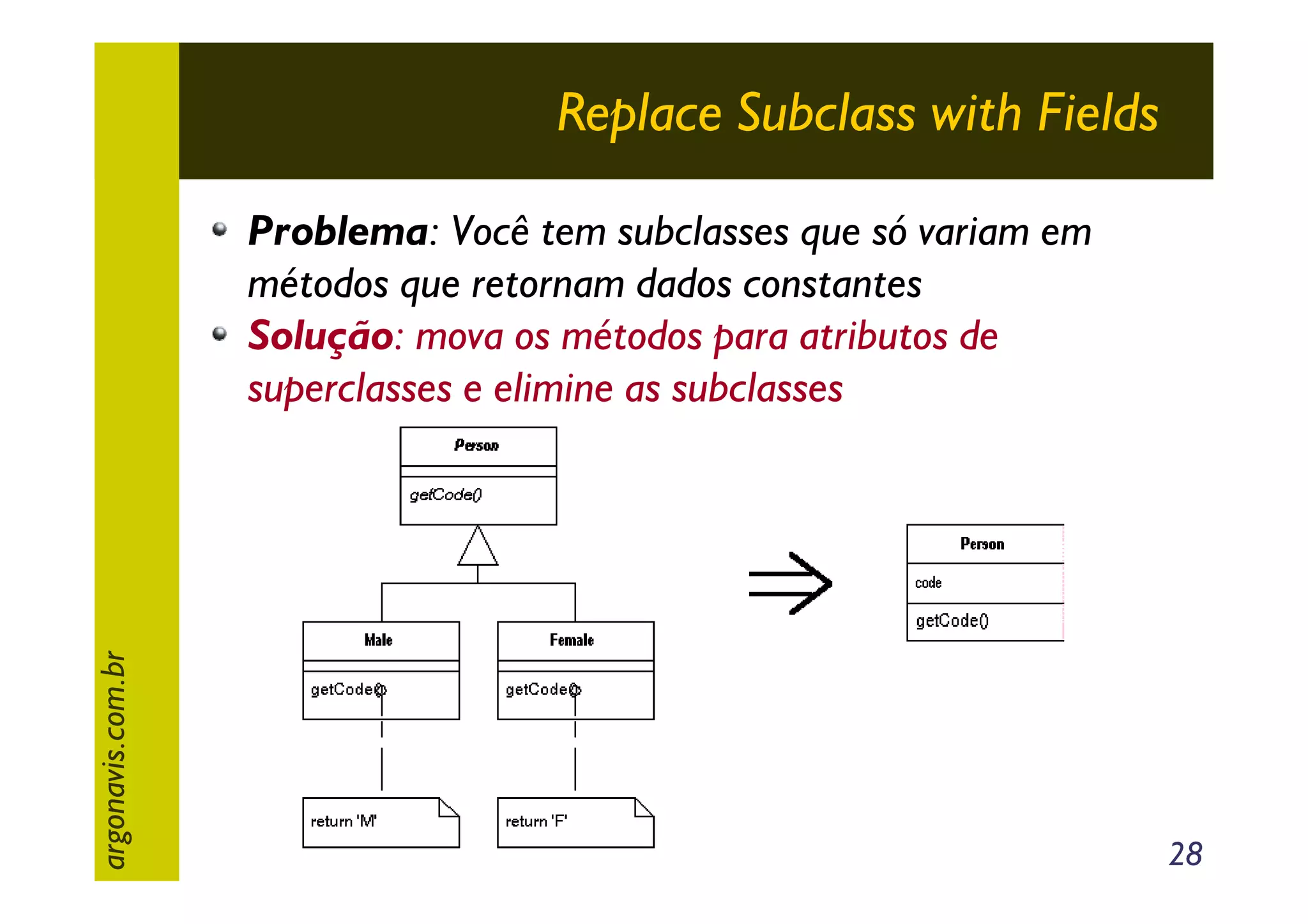 Replace Subclass with Fields

argonavis.com.br

Problema: Você tem subclasses que só variam em
métodos que retornam dados constantes
Solução: mova os métodos para atributos de
superclasses e elimine as subclasses

28

 