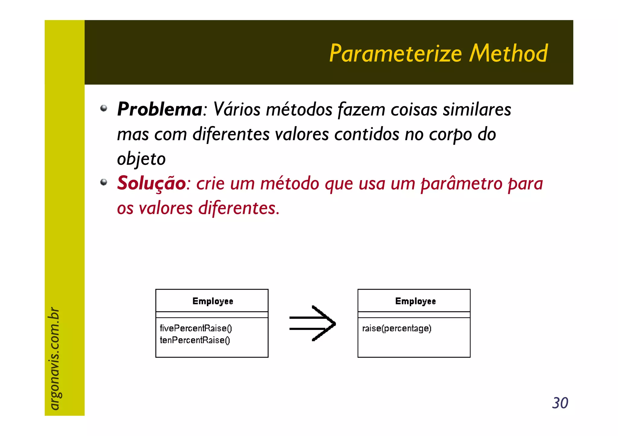 Parameterize Method

argonavis.com.br

Problema: Vários métodos fazem coisas similares
mas com diferentes valores contidos no corpo do
objeto
Solução: crie um método que usa um parâmetro para
os valores diferentes.

30

 