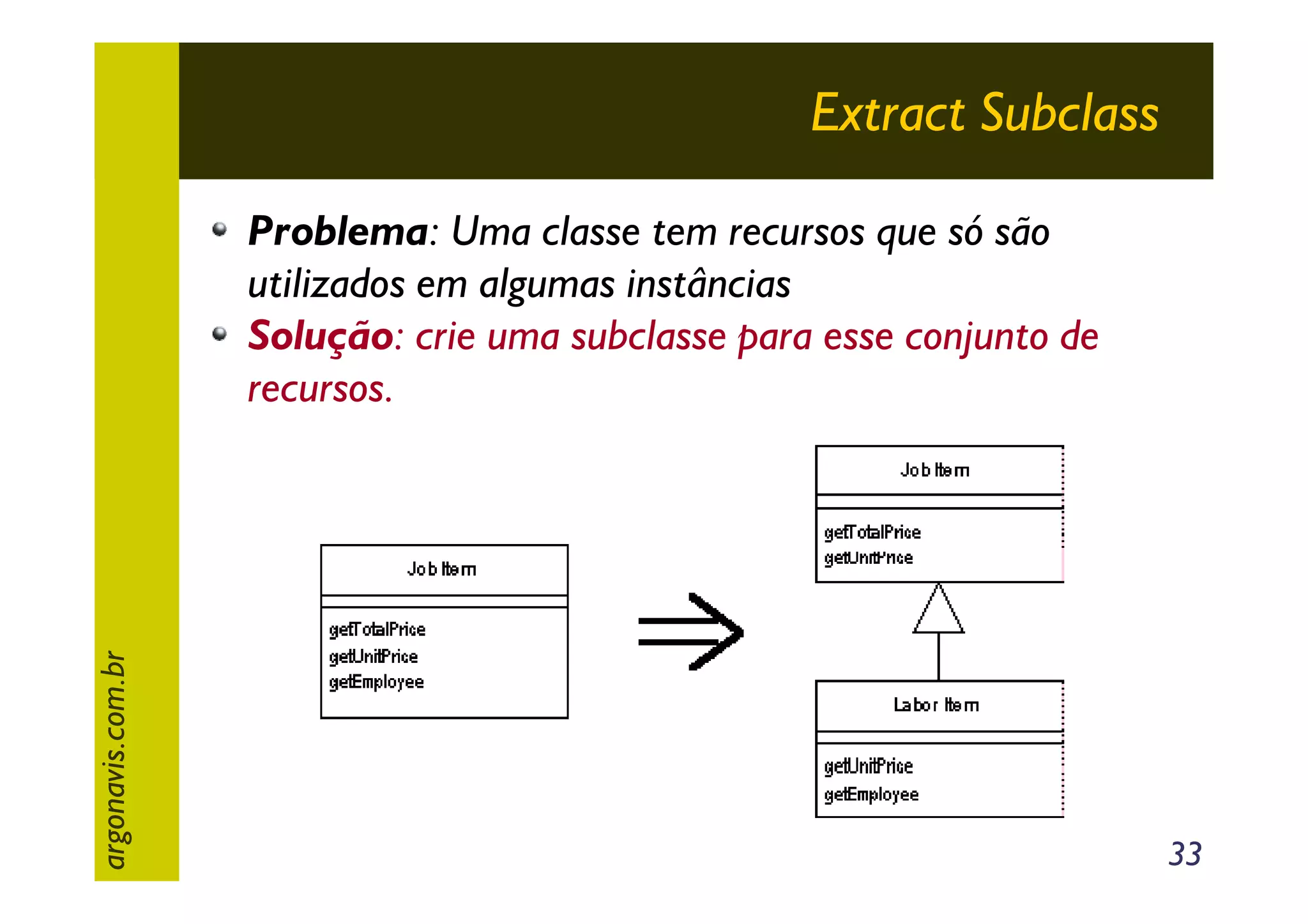 Extract Subclass

argonavis.com.br

Problema: Uma classe tem recursos que só são
utilizados em algumas instâncias
Solução: crie uma subclasse para esse conjunto de
recursos.

33

 