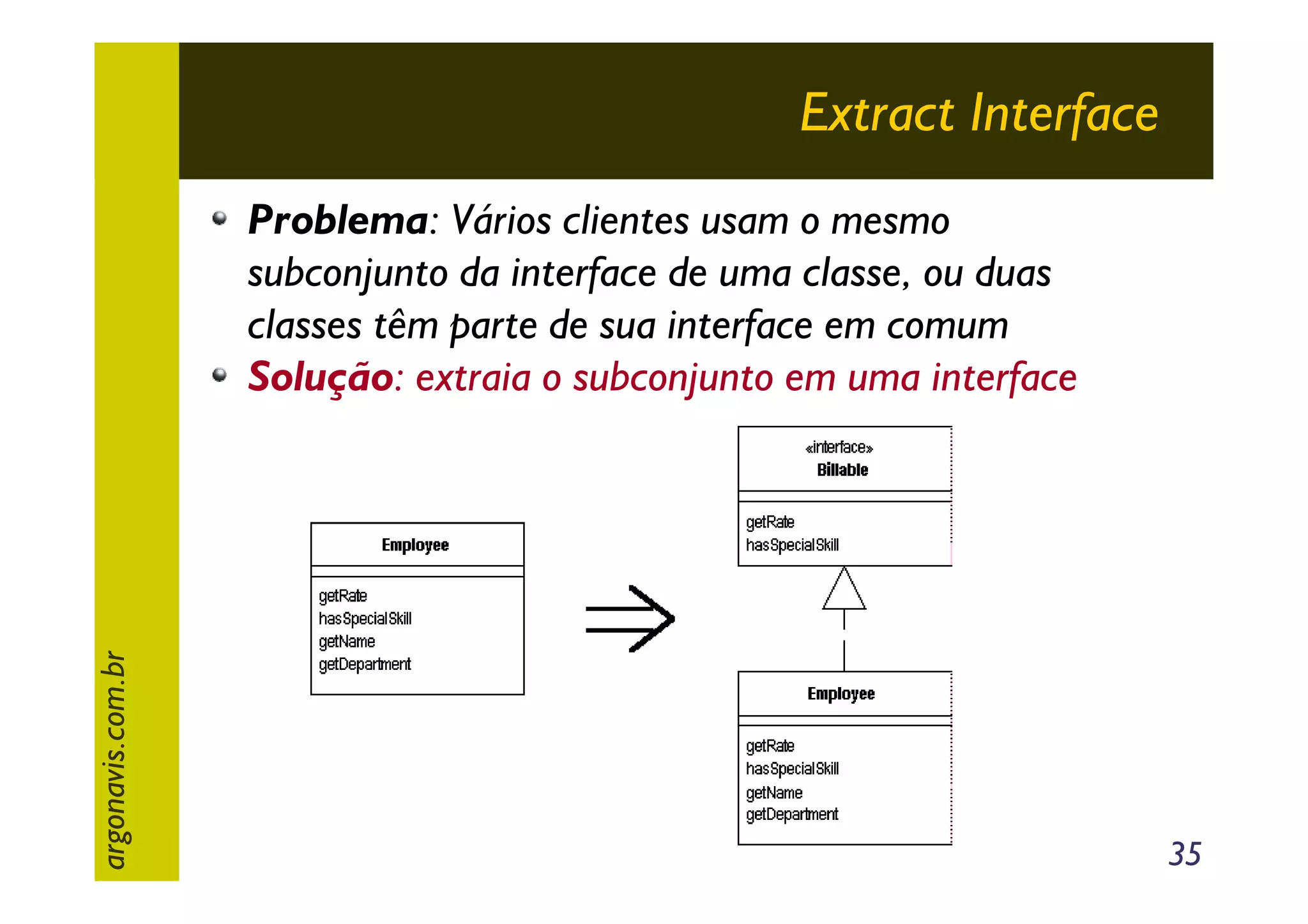 Extract Interface

argonavis.com.br

Problema: Vários clientes usam o mesmo
subconjunto da interface de uma classe, ou duas
classes têm parte de sua interface em comum
Solução: extraia o subconjunto em uma interface

35

 