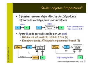 Stubs: objetos "impostores"
É possível remover dependências de código-fonte
refatorando o código para usar interfaces
depois

antes
A

B

«interface»
InterB

A

B

A não conhece mais o
tipo concreto de B

Agora B pode ser substituída por um stub

argonavis.com.br

BStub está sob controle total de ATest (1)
Em alguns casos, ATest pode implementar InterB (2)

ATest

A

«interface»
InterB

A

«interface»
InterB

(2)

(1)

« cria »

ATest

BStub

B

self-shunt pattern

B

Fonte: www.objectmentor.com, 2002

5

 