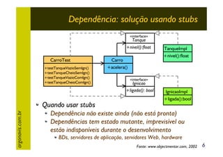 Dependência: solução usando stubs
«interface»
Tanque
+nivel():float
CarroTest
+testTanqueVazioSemIgn()
+testTanqueCheioSemIgn()
+testTanqueVazioComIgn()
+testTanqueCheioComIgn()

argonavis.com.br

Quando usar stubs

TanqueImpl
+nivel():float

Carro
+acelera()
«interface»
Ignicao
+ligada(): bool

IgnicaoImpl
+ligada():bool

Dependência não existe ainda (não está pronta)
Dependências tem estado mutante, imprevisível ou
estão indisponíveis durante o desenvolvimento
BDs, servidores de aplicação, servidores Web, hardware
Fonte: www.objectmentor.com, 2002

6

 