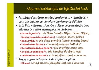 Algumas subtarefas de EJBDocletTask

argonavis.com.br

As subtarefas são extensões do elemento <template>
com um arquivo de template préviamente definido
Esta lista está resumida. Consulte a documentação para
informações sobre namespaces e atributos

<dataobject/>: cria Data Transfer Object (Value Object)
<deploymentdescriptor/>: cria ejb-jar.xml padrão
<entitypk/>: cria chave primária (somente entity beans)
<homeinterface/>: cria interface home RMI-IIOP
<localhomeinterface/>: cria interface home local
<localinterface/>: cria interface do objeto local
<remoteinterface/>: cria interface do objeto remoto

Tag que gera deployment descriptor do JBoss

<jboss>: cria jboss.xml, jbossjdbc-cmp.xml e jaws.xml

15

 