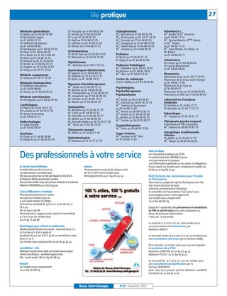 Des professionnels à votre service
                                                                         Vie pratique                                                                                                  27

Médecins généralistes                              Dr Fourcade au 01 64 66 82 64               Orthophonistes
                                                                                                me
                                                                                                                                          Infirmièr(e) s me
                                                                                                                                            me
Dr Apithy au 01 64 66 74 88                        Dr Jeanlin au 01 64 66 08 60                Mme Bertrand au 01 64 66 20 09             M Boulle et M Vesseron
Dr Bachelard-Coppin                                Dr Lu au 01 64 66 95 95                     Mme Duchaussoy au 01 64 77 24 28           aume01 64 66 17 31
au 01 64 66 01 33                                  Dr Naili au 01 64 66 25 25                  Mme Facundo au 01 64 66 89 35              M Dozias-Maerte, Mme Hamet
                                                                                                                                               me
Dr Hoffmann-Raveloson                              Dr Solinhac au 01 64 66 25 25               Mme Grangeard au 01 64 66 20 09            et M Publier
au 01 64 66 88 88                                  Dr Vernier au 01 64 66 25 25                Mme Oudin-Joly au 01 64 66 20 09           aume01 64 66 11 33
Dr Ho-Nguyen au 01 64 66 07 84                                                                 M Lemaire au 01 64 66 89 35                M Saint-Martin, M. Hibon, et
Dr Klein au 01 64 66 06 09                         Orthodontistes                                                                         M. Bulard
Dr Le Bozec au 01 45 14 66 00                      Dr Ho Vo Tuan au 01 64 66 10 00             Pédiatres                                  au 01 64 66 05 77
Dr Porro au 01 64 66 33 33                         Dr Mazanek au 01 64 66 10 00                Dr Buzot au 01 64 66 27 16
Dr Renaud au 01 45 14 66 00                                                                    Dr Séguret au 01 64 66 42 80               Vétérinaires
                                                   Diététicienne                                                                          Dr Leroux au 01 64 66 84 84
Dr Ternon au 01 64 66 33 33                         me
                                                   M Bertrand au 01 64 77 01 42                Pédicures-Podologues
Dr Zaghlan au 01 64 66 76 82                                                                    lle                                       Dr Lacaze-Masmonteil
                                                                                               M Chardaire au 01 60 43 16 92              au 01 64 66 84 84
Dr Seing au 01 64 77 29 54                         Gynécologues-Obstétriciens                  M. Dessaux au 01 64 66 78 62
                                                                                                me
                                                   Dr Séguret au 01 64 66 85 59                M Olier au 01 64 66 14 84                  Pharmacies
Médecin acupuncteur                                Dr Barbotin au 01 64 76 37 37
Dr Seing au 01 64 77 29 54                                                                                                                Pharmacie Ancel au 01 64 77 29 50
                                                   Dr Hozer au 01 48 99 14 37                  Centre de radiologie                       Pharmacie de la Croix Saint-Georges
Médecins homéopathes                                                                           Centre Galilée au 01 64 76 80 94           au 01 64 66 17 96
                                                   Masseurs-Kinésithérapeutes
Dr Hoffmann-Raveloson                               me
                                                   M Barbé au 01 64 66 10 12                                                              Pharmacie de la Gare au
au 01 64 66 88 88                                                                              Psychologues,                              01 64 66 90 07
                                                   M. Barthos au 01 64 66 00 36                Psychothérapeutes
Dr Ternon au 01 64 66 33 33                        M. Champrobert au 01 64 66 09 02                                                       Pharmacie Huron au 01 64 66 85 69
                                                   M. Jacquesson au 01 64 66 00 36             Psychanalystes                             Pharmacie du RER au 01 64 66 90 84
Médecin nutritionniste                                                                           me
Dr Ho-Nguyen au 01 64 66 07 84                     M. Lemaire au 01 64 66 10 12                Mme Antok au 06 64 00 90 61                Laboratoires d’analyses
                                                   M. Martin au 01 64 66 09 39                 Mmes Durussel au 06 09 36 76 79            médicales
Cardiologues                                                                                   M Ferreira et Jouannaud                    Dr Harrabi au 01 64 66 27 27
Dr Peyrot au 01 64 76 47 42                        Ostéopathes
                                                   M. Blusseau au 01 64 66 15 79               aume01 64 66 33 99                         Dr Rostoker au 01 64 77 21 21
Dr Lussato au 01 64 76 47 42                                                                   Mme Ferrieu au 06 08 42 62 01
Dr Jeunet-Hurreesing                               M. Coste au 01 64 66 01 43                                                             Relaxologue
                                                   M. Faverolle au 01 64 66 79 27              M Rodier au 01 64 66 30 69                  me
au 01 64 66 91 21                                                                              M. Stecher au 01 64 66 04 20               M Fayada au 01 64 76 31 17
                                                   M. Martin au 01 64 66 09 39                   me

Endocrinologue                                     M. Teissedre-Dalou au 06 16 30 37 38        M Truchet au 06 03 20 80 57                Thérapeute psycho-corporel
                                                    me
Dr Jugie-Rongier                                   M Trecul au 01 64 66 28 92                  Graphothérapeute                           Praticienne en PNL humaniste
                                                                                                                                            me
au 01 64 66 04 50                                                                               me
                                                                                               M Sirica au 06 68 60 70 36                 M Aubard au 06 66 00 87 55
                                                   Thérapeute manuel
Dentistes                                          M. Morin au 01 64 66 01 43                  Sages-femmes                               Energétique traditionnelle
Dr Dang au 01 64 66 08 60
                                                                                                 me
                                                                                               M Jacobee et Mme Bret                      chinoise
                                                   Ophtalmologiste                                                                        M. Baldin au 01 64 66 12 79
Dr Dang-Vo au 01 64 66 82 64                       Dr Bokobza au 01 64 77 22 79                au 01 64 66 22 83                            me
                                                                                                                                          M Meyer au 06 60 58 80 50


                                                                                                                            Aide juridique
                                                                                                                            Un consultant juridique du CCAS
                                                                                                                            en partenariat avec l’AVIMEJ assure
                                                                                                                            une permanence et propose
                                                                                                                            une information générale sur les droits et obligations.
Le Service Social effectue :                                        Avocat                                                  Il vous reçoit sur rendez-vous uniquement auprès du
Le lundi matin de 9 h 00 à 12 h 00,                                 Permanence le 1er jeudi de chaque mois                  CCAS au 01 64 66 61 92
une permanence sur rendez-vous.                                     de 16 h à 18 h. Sans rendez-vous.
Elle sera assurée à tour de rôle par Madame DELASSUS                Renseignements au 01 64 66 24 24                        EGEE (Entente des Générations pour l’Emploi
et Madame MOAL,(assistantes sociales).                                                                                      et l’Entreprise)
Pour prendre rendez-vous,vous pouvez contacter le secrétariat,                                                              Vous avez un projet de reprise d’entreprise, de créa-
Madame TAVERNIER,au 01 69 67 44 04.                                                                                         tion d’une structure de type
                                                                                                                            artisanal, commercial ou industriel,
Caisse d’Allocations Familiales                                                                                             le conseiller de l’association EGEE peut vous
Plus de permanences en mairie.                                                                                              accompagner dans votre approche.
Accueil sans rendez-vous au                                                                                                 Sur rendez-vous uniquement
4, rue Saint-Hubert à Chelles,                                                                                              au 01 64 66 68 79
du lundi au vendredi de 9 h à 11 h 30 et de 14 h à
16 h 30.                                                                                                                    Depuis le 1er septembre,des permanences et consultations
Tél. 01 64 72 46 86                                                                                                         de PMI et planification vous sont proposées au :
Permanences à Lognes, lundi, mardi et mercredi de                                                                           Relais Assistantes Maternelles
9 h à 11 h 30 sur rendez-vous                                                                                               11 Rue de la Pyramide
au 01 64 72 46 86
                                                                                                                            Le jeudi de 9 h 00 à 11 h 00, sans rendez-vous,
Psychologue pour enfants et adolescents                                                                                     une permanence de Puéricultrice, par
Mademoiselle Binot vous reçoit : mercredi de 9 h à                                                                          Madame BRAULT
13 h et de 14 h à 18 h, jeudi et
vendredi de 14 h 30 à 18 h 30 et un samedi par mois                                                                         Le mercredi matin de 9 h 00 à 12 h 00, sur rendez-vous,
de 9 h à 13 h.                                                                                                              une consultation nourrisson par le Docteur FAIBIS
Sur rendez-vous uniquement au 06 84 51 42 42
                                                                                                                            Pour prendre un rendez-vous, vous pouvez appeler
Conciliation – ASL                                                                                                          le secrétariat de la P M I
Monsieur Luciani vous reçoit sur rendez-vous unique-                                                                        Madame LEMAITRE au 01 69 67 44 52
ment.Conciliation : vendredi après-midi.                                                                                    Madame PICOUT au 01 69 67 44 51
ASL : lundi matin.Tél. 01 64 66 68 79
                                                                                                                            Le mercredi de 13 h 30 à 17 h 00, sur rendez-vous,
Notaire                                                                                                                     une consultation de planification par le
Sur rendez-vous uniquement                                                                                                  Docteur MARINIER
au 01 64 66 68 79                                                                                                           pour cela vous pouvez joindre Madame LAURENT,
                                                                                                                            secrétaire au 01 69 67 31 63



                                                                 Bussy Saint-Georges              N°83 - Novembre 2006
 