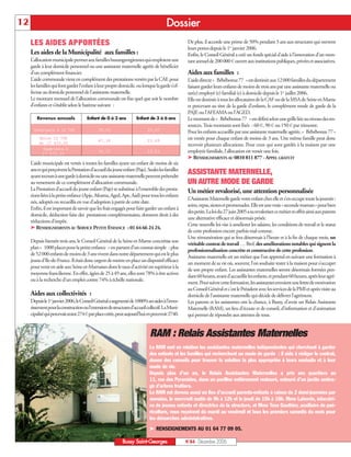 12                                                                                    Doss ier
     LES AIDES APPORTÉES                                                                          De plus, il accorde une prime de 50% pendant 3 ans aux structures qui ouvrent
                                                                                                  leurs portes depuis le 1er janvier 2006.
     Les aides de la Municipalité aux familles :                                                  Enfin, le Conseil Général a créé un fonds spécial d’aide à l’innovation d’un mon-
     L’allocation municipale permet aux familles buxangeorgiennes qui emploient une               tant annuel de 200 000 € ouvert aux institutions publiques, privées et associatives.
     garde à leur domicile personnel ou une assistante maternelle agréée de bénéficier
     d’un complément financier.                                                                   Aides aux familles :
     L’aide communale vient en complément des prestations versées par la CAF, pour                L’aide directe « Bébébonus 77 » est destinée aux 12 000 familles du département
     les familles qui font garder l’enfant à leur propre domicile, ou lorsque la garde s’ef-      faisant garder leurs enfants de moins de trois ans par une assistante maternelle ou
     fectue au domicile personnel de l’assistante maternelle.                                     un(e) employé (e) familial (e) à domicile depuis le 1er juillet 2006.
     Le montant mensuel de l’allocation communale est fixe quel que soit le nombre                Elle est destinée à tous les allocataires de la CAF ou de la MSA de Seine-et-Marne
     d’enfants et s’établit selon le barème suivant :                                             et percevant au titre de la garde d’enfants, le complément mode de garde de la
                                                                                                  PAJE ou l’AFEAMA ou l’AGED.
        Revenus annuels               Enfant de 0 à 3 ans           Enfant de 3 à 6 ans           Le montant de « Bébébonus 77 » est défini selon une grille liée au niveau des res-
                                                                                                  sources. Trois montants sont fixés : 60 €, 90 € ou 150 € par trimestre.
      Inférieurs à 12 708 ¤                  59,93 ¤                       29,97 ¤                Pour les enfants accueillis par une assistante maternelle agréée, « Bébébonus 77 »
          Entre 12 708 ¤
                                             47,39 ¤                       23,69 ¤
                                                                                                  est versée pour chaque enfant de moins de 3 ans. Une même famille peut donc
          et 17 473,55 ¤                                                                          recevoir plusieurs allocations. Pour ceux qui sont gardés à la maison par une
            Supérieurs à
           17 473,55 ¤
                                             39,27 ¤                       19,63 ¤                employée familiale, l’allocation est versée une fois.
                                                                                                  ® RENSEIGNEMENTS AU 0810 811 877 - APPEL GRATUIT
     L’aide municipale est versée à toutes les familles ayant un enfant de moins de six
     ans et qui perçoivent la Prestation d’accueil du jeune enfant (Paje). Seules les familles
     ayant recours à une garde à domicile ou une assistante maternelle peuvent prétendre
                                                                                                  ASSISTANTE MATERNELLE,
     au versement de ce complément d’allocation communale.                                        UN AUTRE MODE DE GARDE
     La Prestation d’accueil du jeune enfant (Paje) se substitue à l’ensemble des presta-         Un métier revalorisé, une attention personnalisée
     tions liées à la petite enfance (Apje, Afeama, Aged, Ape, Aad) pour tous les enfants
                                                                                                  L’Assistante Maternelle garde votre enfant chez elle et s’en occupe toute la journée :
     nés, adoptés ou recueillis en vue d’adoption à partir de cette date.
                                                                                                  soins, repas, siestes et promenades. Elle est une vraie « seconde maman » pour bien
     Enfin, il est important de savoir que les frais engagés pour faire garder un enfant à
                                                                                                  des petits. La loi du 27 juin 2005 a su revaloriser ce métier et offrir ainsi aux parents
     domicile, déduction faite des prestations complémentaires, donnent droit à des
                                                                                                  une alternative efficace et désormais prisée.
     réductions d’impôt.
                                                                                                  Cette nouvelle loi vise à améliorer les salaires, les conditions de travail et le statut
     ® RENSEIGNEMENTS AU SERVICE PETITE ENFANCE : 01 64 66 24 24.
                                                                                                  de cette profession encore parfois mal connue.
                                                                                                  Une rémunération qui se fera désormais à l’heure et à la fin de chaque mois, un
     Depuis bientôt trois ans, le Conseil Général de la Seine-et-Marne concrétise son
                                                                                                  véritable contrat de travail … Bref, des améliorations notables qui signent la
     plan « 1000 places pour la petite enfance » en partant d’un constat simple : plus
                                                                                                  professionnalisation concrète et constructive de cette profession.
     de 52 000 enfants de moins de 3 ans vivent dans notre département qui est le plus
                                                                                                  Assistante maternelle est un métier que l’on apprend en suivant une formation à
     jeune d’Ile-de-France. Il était donc urgent de mettre en place un dispositif efficace
                                                                                                  un moment de sa vie où, souvent, l’on souhaite rester à la maison pour s’occuper
     pour venir en aide aux Seine-et-Marnaises dont le taux d’activité est supérieur à la
                                                                                                  de son propre enfant. Les assistantes maternelles seront désormais formées pen-
     moyenne francilienne. En effet, âgées de 25 à 49 ans, elles sont 78% à être actives
                                                                                                  dant 60 heures, avant d’accueillir les enfants, et pendant 60 heures, après leur agré-
     ou à la recherche d’un emploi contre 74% à échelle nationale.
                                                                                                  ment. Pour suivre cette formation, les assistantes envoient une lettre de motivation
                                                                                                  au Conseil Général et c’est le Président avec les services de la PMI et après visite au
     Aides aux collectivités :                                                                    domicile de l’assistante maternelle qui décide de délivrer l’agrément.
     Depuis le 1er janvier 2006, le Conseil Général a augmenté de 1000% ses aides à l’inves-      Les parents et les assistantes ont la chance, à Bussy, d’avoir un Relais Assistante
     tissement pour la construction ou l’extension de structures d’accueil collectif. La Muni-    Maternelle (RAM), un lieu d’écoute et de conseil, d’information et d’animation
     cipalité qui percevait avant 274 €par place créée, peut aujourd’hui en percevoir 2740.       qui permet de répondre aux attentes de tous.


                                                                            RAM : Relais Assistantes Maternelles
                                                                            Le RAM met en relation les assistantes maternelles indépendantes qui cherchent à garder
                                                                            des enfants et les familles qui recherchent un mode de garde : il aide à rédiger le contrat,
                                                                            donne des conseils pour trouver la solution la plus appropriée à leurs souhaits et à leur
                                                                            mode de vie.
                                                                            Depuis plus d’un an, le Relais Assistantes Maternelles a pris ses quartiers au
                                                                            11, rue des Pyramides, dans un pavillon entièrement restauré, entouré d’un jardin ombra-
                                                                            gé d’arbres fruitiers.
                                                                            Le RAM est devenu aussi un lieu d’accueil parents-enfants à raison de 2 demi-journées par
                                                                            semaine, le mercredi matin de 9h à 12h et le jeudi de 15h à 18h. Mme Laborde, éducatri-
                                                                            ce de jeunes enfants et directrice de la structure, et Mme Toxe Gauthier, auxiliaire de pué-
                                                                            riculture, vous reçoivent du mardi au vendredi et tous les premiers samedis du mois pour
                                                                            les démarches administratives.
                                                                            ® RENSEIGNEMENTS AU 01 64 77 09 05.

                                                            Bussy Saint-Georges                  N°84 - Décembre 2006
 