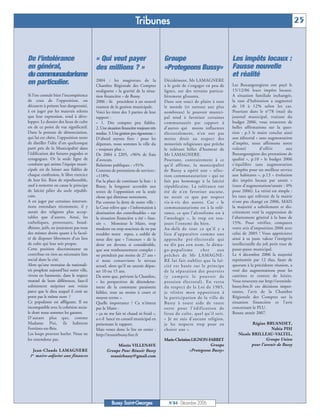 Tribunes                                                                                         25



De l’intolérance                         « Qui veut payer                            Groupe                                   Les impôts locaux :
en général,                              des millions ? »                            «Protegeons Bussy»                       Fausse nouvelle
du communautarisme                                                                                                            et réalité
                                         2004 : les magistrats de la                 Décidément, Mr LAMAGNERE
en particulier.                          Chambre Régionale des Comptes               a le goût de s’engager en peu de         Les Buxangeorgiens ont payé le
                                         soulignent « la gravité de la situa-        lignes, sur des terrains particu-        15/12/06 leurs impôts locaux.
Si l’on connaît bien l’incompétence      tion financière » de Bussy.                 lièrement glissants.                     A situation familiale inchangée,
de ceux de l’opposition, on              2006 : ils procèdent à un nouvel            Dans son souci de plaire à tout          la taxe d’habitation a augmenté
découvre à présent leur dangerosité,     examen de la gestion municipale.            le monde (et surtout aux plus            de 10 à 12% selon les cas.
à en juger par les mauvais relents       Voici les titres des 3 parties de leur      nombreux) le pouvoir munici-             Pourtant dans le n°78 (mai) du
que leur expression, tend à déve-        rapport :                                   pal tend à favoriser certaines           journal municipal, traitant du
lopper. Le dossier des lieux de culte    « 1. Des comptes peu fiables.               communautés par rapport à                budget 2006, vous trouverez de
est de ce point de vue significatif.     2. Une situation financière toujours très   d’autres qui moins influentes            belles affirmations sur la ques-
Dans la posture de dénonciation,         tendue. 3. Une gestion peu rigoureuse. »    électoralement, n’en ont pas             tion : p.3 le maire conclut ainsi
qui lui est chère, l’opposition tente    D'abord soyons fiers : pour les             moins droit au respect des               son éditorial « sans augmentation
de distiller l’idée d’un quelconque      dépenses, nous sommes la ville du           minorités religieuses que prêche         d'impôts, nous affirmons notre
parti pris de la Municipalité dans       « toujours plus ».                          le tolérant billet d’humeur de           volonté          d'offrir       aux
l’édification des futures pagodes et     De 2004 à 2205, +96% de frais               Mr LAMAGNERE.                            Buxangeorgiens des prestations de
synagogues. Or la seule ligne de         d'avocats.                                  Pourtant, contrairement à ce             qualité », p.10 « le budget 2006
conduite qui anime l’équipe muni-        Relations publiques : +91%.                 qu’il affirme, la municipalité           s'équilibre sans augmentation
cipale est de laisser aux fidèles de     Contrats de prestations de services :       de Bussy a opéré une « sélec-            d'impôts pour un meilleur service
chaque confession, le libre exercice     +118%.                                      tion communautariste » qui ne            aux habitants », p.13 « évolution
de leur foi. Rien de répréhensible,      Pas la place de continuer la liste : à      fait pas hommage à la laïcité            des impôts locaux par année »
sauf à remettre en cause le principe     Bussy, la longueur accordée aux             républicaine. La tolérance eut           (taux d'augmentation/année : 0%
de laïcité pilier du socle républi-      textes de l'opposition est la seule         été de n’en favoriser aucune,            pour 2006). La vérité est simple :
cain.                                    chose qui diminue nettement.                ne serait ce que par respect             les taux qui relèvent de la mairie
A en juger par certaines interven-       Pas comme la dette de notre ville :         vis-à-vis des autres. Car « le           n’ont pas changé en 2006, MAIS
tions entendues récemment, il y          la Cour relève que « l'information à        communautarisme est à la tolé-           la majorité a subtilement et dis-
aurait des religions plus accep-         destination des contribuables » sur         rance, ce que l’alcoolisme est à         crètement voté la suppression de
tables que d’autres. Ainsi, les          la situation financière a été « faus-       l’œnologie », le trop est tou-           l’abattement général à la base de
catholiques, protestants, boud-          sée ». Monsieur le Maire, trop              jours l’ennemi du bien.                  15%. Pour vérifier, comparez
dhistes, juifs, ne jouiraient pas tous   modeste ou trop soucieux de ne pas          Au-delà de tout ce qu’il y a             votre avis d’imposition 2006 avec
des mêmes droits quant à la facul-       troubler notre repos, a oublié de           lieu d’apparaître comme une              celui de 2005 ! Vous apprécierez
té de disposer librement d’un lieu       nous dire que « l'encours » de la           approche pré-électorale qui              ainsi à sa juste valeur l’intégrité
de culte qui leur soit propre.           dette est devenu si considérable,           ne dit pas son nom, le déma-             intellectuelle du joli petit tour de
Cette position discriminante ne          que son remboursement complet «             go-populisme          cher        aux    passe-passe municipal.
contribue en rien au nécessaire lien     ne prendrait pas moins de 27 ans »          prêches de Mr LAMAGNE-                   Le 4 décembre 2006 la majorité
social dans la cité.                     si nous conservions le niveau               RE lui fait oublier que la laï-          représentée par 12 élus, faute de
Alors qu’une trentaine de nationali-     actuel, alors qu'il ne saurait dépas-       cité est basée sur le principe           quorum à la précédente réunion, a
tés peuplent aujourd’hui notre ville,    ser 10 ou 15 ans.                           de la séparation des pouvoirs            voté des augmentations pour les
vivent en harmonie, dans le respect      De sorte que, prévient la Chambre,          ( y c o m p r i s l e p o u vo i r d e   cantines et centres de loisirs.
mutuel de leurs différences, faut-il     « les perspectives de désendette-           pression électoral). En vertu            Vous trouverez sur http://avenirde-
subitement mépriser son voisin           ment de la commune paraissent               du respect de la Loi de 1905,            bussy.free.fr ces décisions impor-
parce que le dieu auquel il croit ne     faibles, tout au moins à court et           je réitère mon opposition à              tantes, l’avis de la Chambre
porte pas le même nom ?                  moyen terme ».                              la participation de la ville de          Régionale des Comptes sur la
Ce populisme est affligeant. Il est      Quelle importance ? Ca n'émeut              Bussy à toute aide de toute              situation financière et l’avis
incompatible avec la cohésion socia-     pas le Maire :                              sor te pour l’édification de             concernant le PLU.
le dont nous sommes les garants.         « ça ne me fait ni chaud ni froid »,        lieux de culte, quel qu’il soit.         Bonne année 2007.
D’autant plus que, comme                 a-t-il lancé en conseil municipal en        « Je ne suis d’aucune religion,
Madame Pisi, ils habitent                présentant le rapport.                      je les respecte trop pour en                       Régine BRUANDET,
Ferrières-en-Brie.                       Mais venez donc le lire en entier :         choisir une ».                                                Nabia PISI
Les loups peuvent hurler. Nous ne        http://reussirbussy.free.fr                                                             Nicole BRILLEAU-VALTEL,
les entendons pas.                                                                   Marie-Christine LIGNON-FARRET                              Groupe Union
                                                     Mireïo VILLENAVE                                         Groupe                    pour l’avenir de Bussy
    Jean-Claude LAMAGNERE                       Groupe Pour Réussir Bussy                          «Protegeons Bussy»
 1 er maire-adjoint aux finances                 reussirbussy@gmail.com




                                                   Bussy Saint-Georges                  N°84 - Décembre 2006
 
