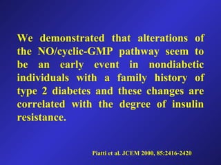 Piatti et al. JCEM 2000, 85:2416-2420
We demonstrated that alterations of
the NO/cyclic-GMP pathway seem to
be an early event in nondiabetic
individuals with a family history of
type 2 diabetes and these changes are
correlated with the degree of insulin
resistance.
 