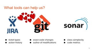 What tools can help us?
12
● ticket types
● action history
● exact code changes
● author of modifications
● class complexity
● code metrics
 