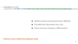 Improve cross references between tools
15
● Notifies about missed ticket key in MR title
● Fills MR with information from Jira
● Fixes common mistakes in MR creation
 