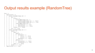 Output results example (RandomTree)
form < 1
| Registration < 1
| | alexey.tokar@worldapp.com < 1
| | | tpl < 1
| | | | filters < 1
| | | | | frontend@worldapp.com < 1
| | | | | | middlejava@worldapp.com < 1 : false
| | | | | | middlejava@worldapp.com >= 1 : true
| | | | | frontend@worldapp.com >= 1
| | | | | | ObjectDesign < 1 : true
| | | | | | ObjectDesign >= 1 : false
| | | | filters >= 1 : false
| | | tpl >= 1 : true
| | alexey.tokar@worldapp.com >= 1
| | | bundle < 1
| | | | xmail < 1
| | | | | general < 1
| | | | | | dataimport < 1
| | | | | | | oracle < 1 : false
| | | | | | | oracle >= 1 : true
| | | | | | dataimport >= 1 : false
| | | | | general >= 1
| | | | | | filesedited < 2 : false
| | | | | | filesedited >= 2 : true
| | | | xmail >= 1 : false
| | | bundle >= 1 : true
| Registration >= 1 : true
31
 