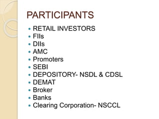 PARTICIPANTS
 RETAIL INVESTORS
 FIIs
 DIIs
 AMC
 Promoters
 SEBI
 DEPOSITORY- NSDL & CDSL
 DEMAT
 Broker
 Banks
 Clearing Corporation- NSCCL
 