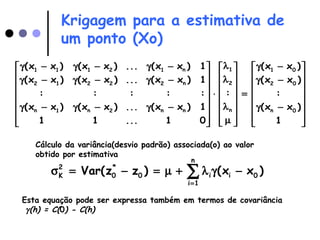Krigagem para a estimativa de
um ponto (Xo)
















−γ
−γ
−γ
=
















µ
λ
λ
λ
⋅
















−γ−γ−γ
−γ−γ−γ
−γ−γ−γ
1
)xx(
:
)xx(
)xx(
:
01...11
1)xx(...)xx()xx(
:::::
1)xx(...)xx()xx(
1)xx(...)xx()xx(
0n
02
01
n
2
1
nn2n1n
n22212
n12111
)xx()zzVar( 0i
n
1i
i0
*
0
2
K −γλ+µ=−=σ ∑=
Esta equação pode ser expressa também em termos de covariância
γ(h) = C(0) - C(h)
Cálculo da variância(desvio padrão) associada(o) ao valor
obtido por estimativa
 