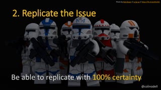 2. Replicate the Issue
Be able to replicate with 100% certainty
Photo by Nick Royer // cc by-sa // https://flic.kr/p/d41ASC
@colinodell
 