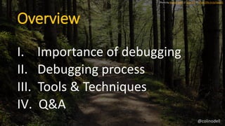 Overview
I. Importance of debugging
II. Debugging process
III. Tools & Techniques
IV. Q&A
Photo by Roman Boed // cc by 2.0 // https://flic.kr/p/ngwcf1
@colinodell
 
