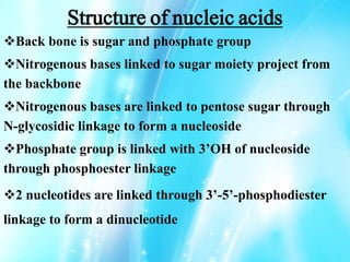 Structure of nucleic acids
Back bone is sugar and phosphate group
Nitrogenous bases linked to sugar moiety project from
the backbone
Nitrogenous bases are linked to pentose sugar through
N-glycosidic linkage to form a nucleoside
Phosphate group is linked with 3’OH of nucleoside
through phosphoester linkage
2 nucleotides are linked through 3’-5’-phosphodiester
linkage to form a dinucleotide
 