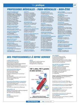 Vie pratique                                                                                                     27
PROFESSIONS MÉDICALES - PARA-MÉDICALES - BIEN-ÊTRE
MÉDECINS GÉNÉRALISTES                       DENTISTES                                   OPHTALMOLOGISTE                              SAGES-FEMMES
Dr Apithy au 01 64 66 74 88                 Dr Dang au 01 64 66 08 60                   Dr Bokobza au 01 64 77 22 79                 M Jacobee et Mme Bret au 0164662283
                                                                                                                                       me



Dr Bachelard-Coppin au 0164660133           Dr Dang-Vo au 01 64 66 82 64                Dr rabah-Benabbas 01 76 74 34
Dr Hoffmann-Raveloson au 0164668888         Dr Fourcade au 01 64 66 82 64                                                            INFIRMIÈR(E) S
Dr Ho-Nguyen au 01 64 66 07 84              Dr Jeanlin au 01 64 66 08 60                ORTHOPHONISTES                               M Boulle et M Vesseron
                                                                                                                                       me             me




Dr Klein au 01 64 66 06 09                  Dr Lu au 01 64 66 95 95                     M Bertrand au 01 64 66 20 09
                                                                                          me
                                                                                                                                     au 01 64 66 17 31
Dr Le Bozec au 01 45 14 66 00               Dr Naili au 01 64 66 25 25                  M Duchaussoy au 01 64 77 24 28
                                                                                          me
                                                                                                                                     M Dozias-Maerte, Mme Hamet
                                                                                                                                       me




Dr Porro au 01 64 66 33 33                  Dr Solinhac au 01 64 66 25 25               M Facundo au 01 64 66 89 35
                                                                                          me
                                                                                                                                     et M Publier au 01 64 66 11 33
                                                                                                                                            me




Dr Renaud au 01 45 14 66 00                 Dr Vernier au 01 64 66 25 25                M Grangeard au 01 64 66 20 09
                                                                                          me
                                                                                                                                     M Saint-Martin, M. Hibon,
                                                                                                                                       me




Dr Taïfor-Bencheikh au 01 64 77 59 04                                                   M Oudin-Joly au 01 64 66 20 09
                                                                                          me
                                                                                                                                     et M. Bulard au 01 64 66 05 77
Dr Ternon au 01 64 66 33 33                 ORTHODONTISTES                              M Lemaire au 01 64 66 89 35
                                                                                          me



                                            Dr Ho Vo Tuan au 01 64 66 10 00                                                          VÉTÉRINAIRES
Dr Zaghlan au 01 64 66 76 82                                                            PÉDIATRES                                    Dr Leroux au 01 64 66 84 84
Dr Seing au 01 64 77 29 54                  Dr Mazanek au 01 64 66 10 00                Dr Buzot au 01 64 66 27 16                   Dr Lacaze-Masmonteil au 0164668484
MÉDECIN ACUPUNCTEUR                         DIÉTÉTICIENNE                               Dr Séguret au 01 64 66 42 80
                                            M Bertrand au 01 64 77 01 42
                                              me                                                                                     PHARMACIES
Dr Seing au 01 64 77 29 54                                                              PÉDICURES-PODOLOGUES                         Pharmacie Ancel au 01 64 77 29 50
MÉDECIN ALLERGOLOGUE                        GYNÉCOLOGUES-OBSTÉTRICIENS                  M Chardaire au 01 60 43 16 92
                                                                                          lle
                                                                                                                                     Pharmacie de la Croix Saint-Georges
Dr Taïfor-Bencheikh au 01 64 77 59 04       Dr Séguret au 01 64 66 86 59                M. Dessaux au 01 64 66 78 62                 au 01 64 66 17 96
                                            Dr Barbotin au 01 64 76 37 37               M Olier au 01 64 66 14 84
                                                                                          me
                                                                                                                                     Pharmacie de la Gare au 0164669007
MÉDECINS HOMÉOPATHES                        Dr Hozer au 01 48 99 14 37                                                               Pharmacie Huron au 01 64 66 86 69
Dr Hoffmann-Raveloson                                                                   CENTRE DE RADIOLOGIE
                                                                                        Centre Galilée au 01 64 76 80 94             Pharmacie O Vert au 01 64 76 30 82
au 01 64 66 88 88                           MASSEURS-KINÉSITHÉRAPEUTES                                                               Pharmacie du RER au 01 64 66 90 84
Dr Ternon au 01 64 66 33 33                 M Barbé au 01 64 66 10 12
                                              me

                                                                                        PSYCHOTHÉRAPEUTES,
                                            M. Barthos au 01 64 66 00 36                                                             LABORATOIRES D’ANALYSES
MÉDECIN NUTRITIONNISTE                                                                  PSYCHOLOGUES, PSYCHANALYSTES                 MÉDICALES
                                            M. Champrobert au 01 64 66 09 02            M Antok au 06 64 00 90 61
                                                                                          me
Dr Ho-Nguyen au 01 64 66 07 84              M. Jacquesson au 01 64 66 00 36                                                          Dr Harrabi au 01 64 66 27 27
                                                                                        M Aubard au 06 66 00 87 55
                                                                                          me

                                                                                                                                     Dr Rostoker au 01 64 77 21 21
MÉDECIN SPÉCIALISTE                         M. Lemaire au 01 64 66 10 12                M Durussel au 06 09 36 76 79
                                                                                          me


Médecine des voyages                        M. Martin au 01 64 66 09 39                 M Ferreira et Jouannaud
                                                                                          mes
                                                                                                                                     RELAXOLOGUE
Dr Taïfor-Bencheikh au 01 64 77 59 04                                                   au 01 64 66 33 99                            M Fayada au 01 64 76 31 17
                                                                                                                                       me
                                            OSTÉOPATHES
CARDIOLOGUES                                M. Blusseau au 01 64 66 15 79               M Ferrieu au 06 08 42 62 01
                                                                                          me
                                                                                                                                     M. Luchez au 09 54 77 22 24
Dr Peyrot au 01 64 76 47 42                 M. Coste au 01 64 66 01 43
                                                                                          me
                                                                                        M Lachkar au 06 63 779 741
                                                                                          me
                                                                                        M Rodier au 01 64 66 30 69                   THÉRAPEUTE PSYCHO-CORPOREL
Dr Lussato au 01 64 76 47 42                M. Faverolle au 01 64 66 79 27                                                           Praticienne en PNL humaniste
Dr Jeunet-Hurreesing au 0164669121          M. Martin au 01 64 66 09 39
                                                                                          me
                                                                                        M Sirica au 01 64 77 51 59
                                                                                        M. Stecher au 01 64 66 04 20                 M Aubard au 06 66 00 87 55
                                                                                                                                       me

                                            M. Teissedre-Dalou au 06 16 30 37 38
ENDOCRINOLOGUE                              M Trecul au 01 64 66 28 92
                                              me
                                                                                          me
                                                                                        M Truchet au 06 03 20 80 57
Dr Jugie-Rongier au 01 64 66 04 50                                                                                                   ENERGÉTIQUE TRADITIONNELLE
                                                                                        GRAPHOTHÉRAPEUTE                             CHINOISE
CHIROPRATICIEN                              THÉRAPEUTE MANUEL                                                                        M. Baldin au 01 64 66 12 79
                                            M. Morin au 01 64 66 01 43
                                                                                          me
                                                                                        M Sirica au 06 68 60 70 36
Dr Mau Minh Huynh au 01437021 62                                                                                                     M Meyer au 06 60 58 80 50
                                                                                                                                       me




                                                                                                                       AIDE JURIDIQUE

DES PROFESSIONNELS À VOTRE SERVICE                                                                                     Un consultant juridique du CCAS
                                                                                                                       en partenariat avec l’AVIMEJ assure
                                                                                                                       une permanence et propose
LE SERVICE SOCIAL EFFECTUE:                                 AVOCAT                                                     une information générale sur les droits et obliga-
Le lundi matin de 9 h 00 à 12 h 00,                         Permanence le 1er jeudi de chaque mois                     tions. Il vous reçoit sur rendez-vous uniquement
une permanence sur rendez-vous.                             de 16h à 18h. Sans rendez-vous.                            auprès du CCAS au 0164666192
Elle sera assurée à tour de rôle par Madame DELASSUS        Renseignements au 0164662424
et Madame MOAL,(assistantes sociales).                                                                                 EGEE (ENTENTE DES GÉNÉRATIONS POUR
Pour prendre rendez-vous, vous pouvez contacter le se-                                                                 L’EMPLOI ET L’ENTREPRISE)
crétariat, Madame TAVERNIER, au 01 69 67 44 04.                                                                        Vous avez un projet de reprise d’entreprise,
                                                                                                                       de création d’une structure de type
CAISSE D’ALLOCATIONS FAMILIALES                                                                                        artisanal,commercial ou industriel,
Plus de permanences en mairie.                                                                                         le conseiller de l’association EGEE peut vous
Accueil sans rendez-vous au                                                                                            accompagner dans votre approche.
4,rue Saint-Hubert à Chelles,                                                                                          Sur rendez-vous uniquement
du lundi au vendredi de 9h à 11h30 et de 14h                                                                           au 0164666879
à 16h30.
Tél. 0164724686                                                                                                        Depuis le 1er septembre,des permanences et consultations
Permanences à Lognes,lundi,mardi et mercredi                                                                           de PMI et planification vous sont proposées au :
de 9h à 11h30 sur rendez-vous                                                                                          Relais Assistantes Maternelles
au 0164724686                                                                                                          11 Rue de la Pyramide

PSYCHOLOGUE POUR ENFANTS ET ADOLESCENTS                                                                                Le jeudi de 9 h 00 à 11 h 00, sans rendez-vous,
Mademoiselle Binot vous reçoit:mercredi de 9h                                                                          une permanence de Puéricultrice, par Mme BRAULT
à 13h et de 14h à 18h,jeudi et
vendredi de 14h30 à 18h30 et un samedi par mois                                                                        Le mercredi matin de 9 h 00 à 12 h 00, sur rendez-vous,
de 9h à 13h.                                                                                                           une consultation nourrisson par le Docteur FAIBIS
Sur rendez-vous uniquement au 0684514242
                                                                                                                       Pour prendre un rendez-vous, vous pouvez appeler
CONCILIATION – ASL                                                                                                     le secrétariat de la P M I
MonsieurLucianivousreçoitsurrendez-vousuniquement.                                                                     Madame LEMAITRE au 01 69 67 44 52
Conciliation:vendredi après-midi.                                                                                      Madame PICOUT au 01 69 67 44 51
ASL:lundi matin.Tél. 0164666879
                                                                                                                       Le mercredi de 13 h 30 à 17 h 00, sur rendez-vous,
NOTAIRE                                                                                                                une consultation de planification par le
Sur rendez-vous uniquement                                                                                             Docteur MARINIER
au 0164666879                                                                                                          pour cela vous pouvez joindre Madame LAURENT,
                                                                                                                       secrétaire au 01 69 67 31 63


                                                         Bussy Saint-Georges                N°94 - Novembre 2007
 