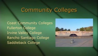 Community CollegesCommunity Colleges
Coast Community Colleges
Fullerton College
Irvine Valley College
Rancho Santiago Coll...